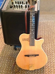 Godin electric mandolin with Jazzkat Tomkat amplifier